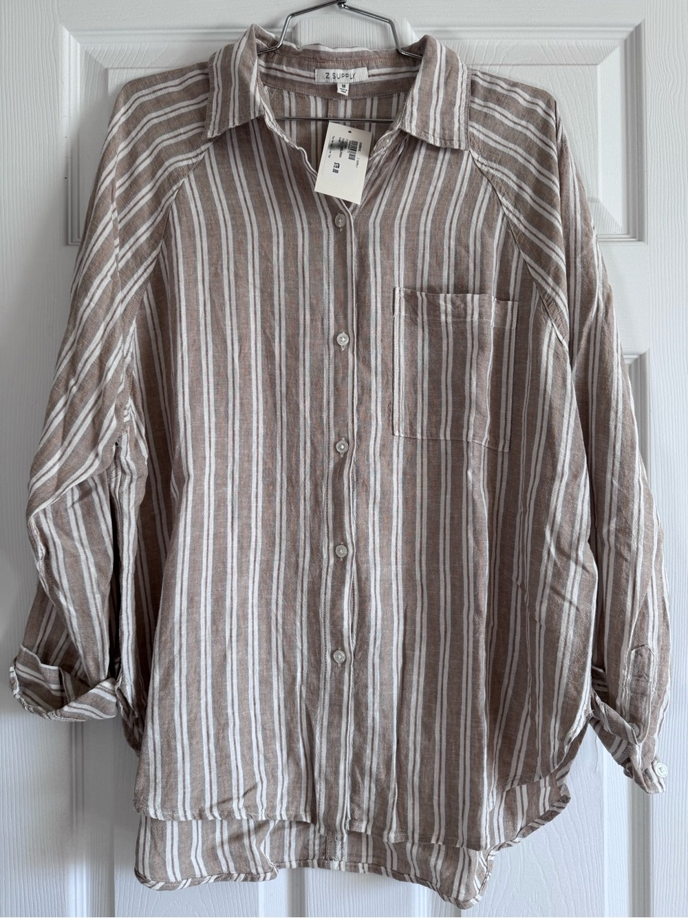 Z Supply Woman’s Taupe and White Striped Button-Down Shirt. Size M